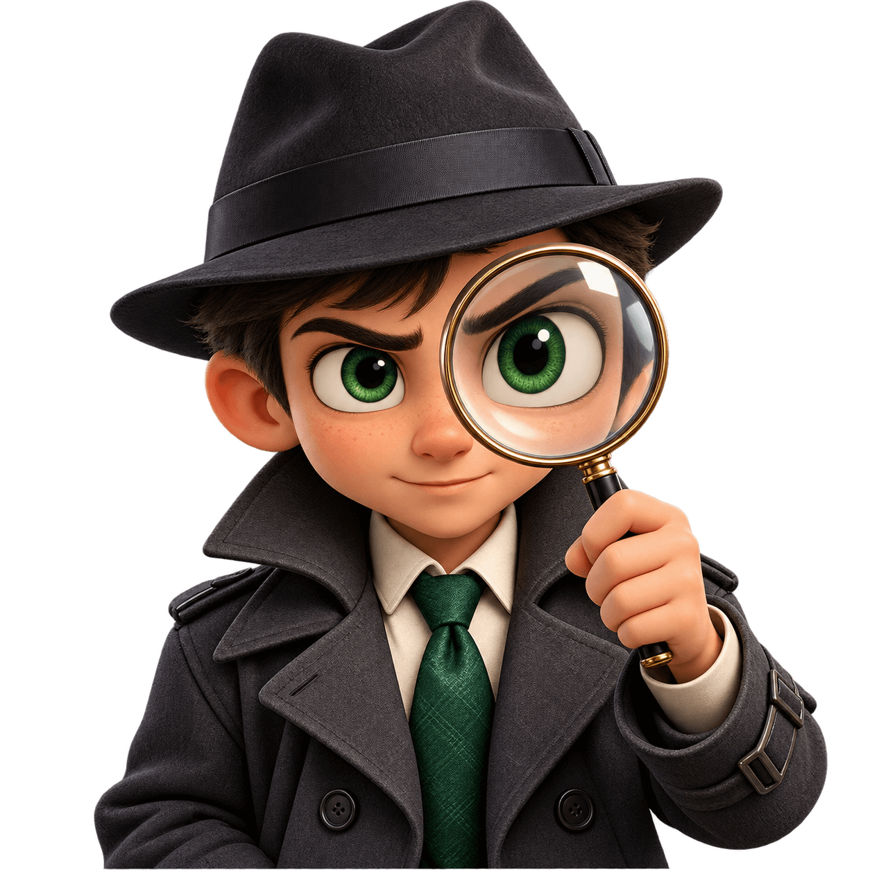 A curious detective looking through a magnifying glass